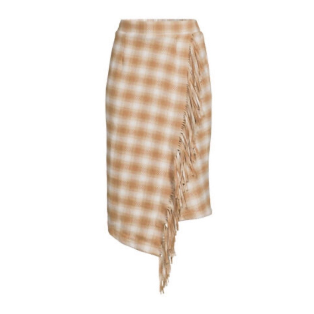 Time and Tru Plaid Fringe‎ Asymmetrical Midi Skirt Women's XXL 20 Tan White - Picture 3 of 10